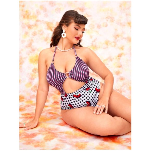 SEXY PLUS GINGHAM RETRO PINUP CHERRY PRINT HALTER CUT OUT 1 PC SWIMSUIT - Picture 1 of 4